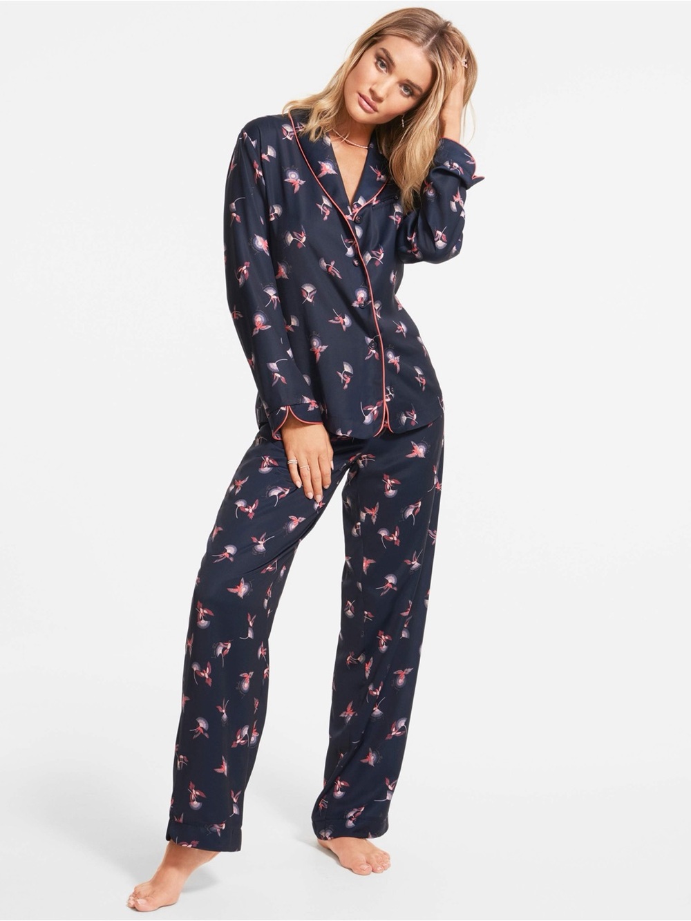 Rosie for Autograph Satin Hummingbird Revere Collar Pajama Set Navy Floral Sz 12